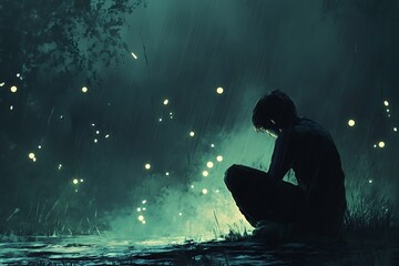 Obraz premium Silhouette of a person sitting in a dark forest surrounded by fireflies. Concept of loneliness, reflection, mystery, and hope.