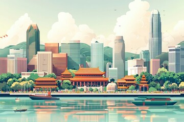 Fototapeta premium Cityscape with Skyscrapers, Pagoda, and Boats on a River