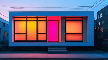 Black and white modular cube home with neon pink door, bright blue windows, modernist architecture, captured in a sunset glow, detailed textures, high contrast