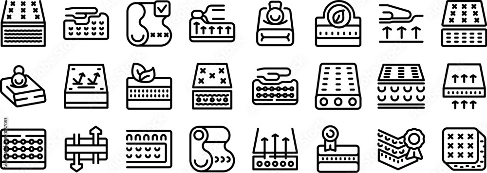 Poster memory foam icons set. this set of icons shows different types of mattresses with features like brea