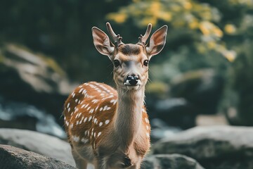 Close up portrait of a young deer with antlers looking directly at camera in a woodland setting.
