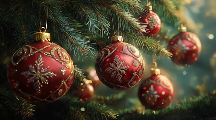 Fototapeta premium Red Christmas Ornaments on a Tree