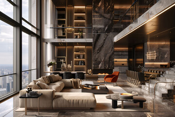 Luxurious penthouse living room with floor-to-ceiling windows, marble walls, and modern furniture.