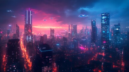 Fototapeta premium A high-tech city bathed in neon lights, flying vehicles crisscrossing the dark sky, reflections bouncing off sleek glass structures, night scene