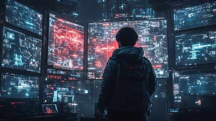A hacker in a dystopian cyberpunk setting, with holographic screens showing digital warfare, neon blue and red lights bouncing off the dark surfaces