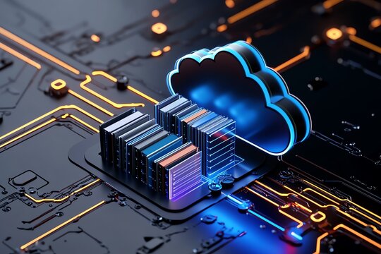 A data migration project visual, showing files being transferred between old legacy systems to new cloud databases