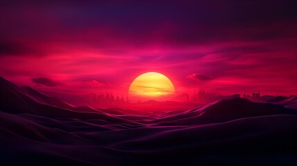 A futuristic desert with sand dunes towering against a glowing, holographic sunset, distant futuristic structures in the background, Sci-Fi, Digital art, vibrant colors