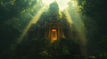 A forgotten temple in the jungle, illuminated by shafts of golden light piercing the dense canopy, Adventure, Realistic, rich detail, vibrant greens, ancient stone textures