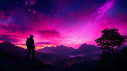 Fototapeta premium A lone astronaut gazing at towering, twisted rock structures under a vibrant purple sky filled with distant stars, Sci-Fi, 3D render, vivid colors, sharp textures, atmospheric depth