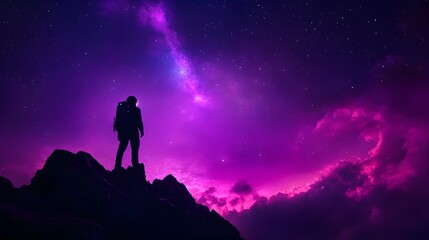 Fototapeta premium A lone astronaut gazing at towering, twisted rock structures under a vibrant purple sky filled with distant stars, Sci-Fi, 3D render, vivid colors, sharp textures, atmospheric depth