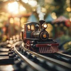 Fototapeta premium A charming steam locomotive traverses a lush setting, capturing the nostalgia and joy of classic train travel in miniature form.