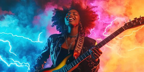 Obraz premium black woman rock star singing colorful music in colorful electricity, 