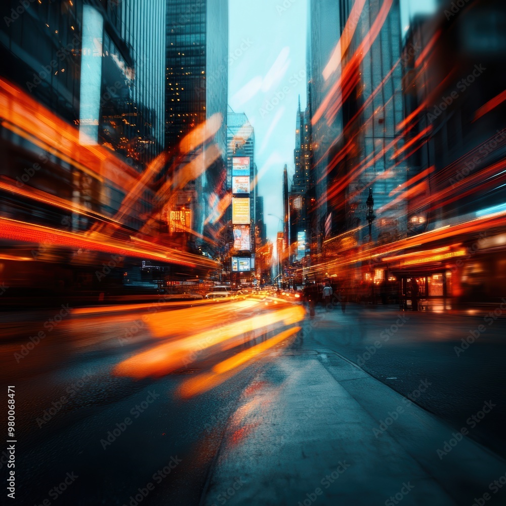 Poster a dynamic cityscape with bright light trails representing motion and energy in an urban setting duri
