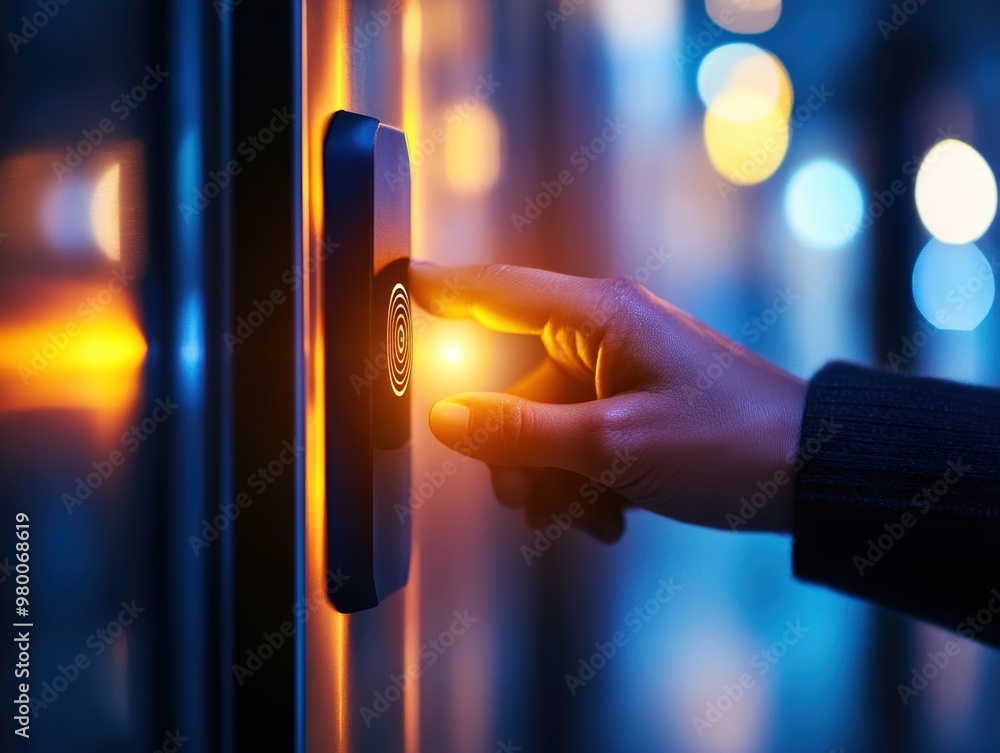 Aufkleber a hand pressing a modern button with glowing light, symbolizing technology and interaction in a cont