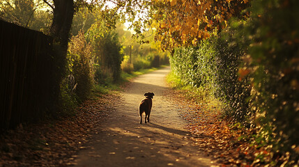 Dog walking along a quiet path.


