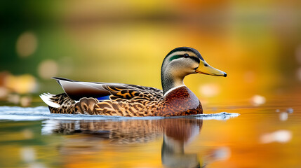 Obraz premium Duck swimming on a calm pond.