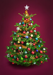 Gorgeous decorated Christmas tree with colorful ornaments on a vignetted dark burgundy background. 
