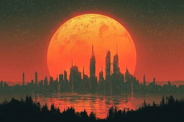 A Futuristic City Skyline Under a Large, Red Moon
