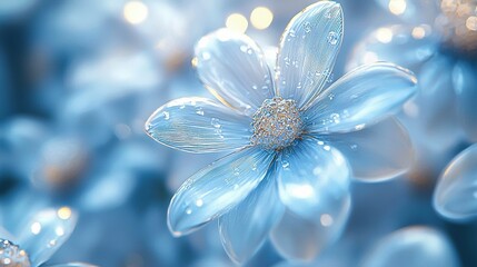 Fototapeta premium Blue flower with water droplets on petals appears to float