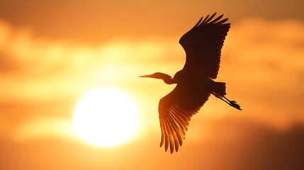 Silhouette of a bird flying at sunset.


