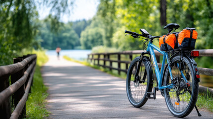 A bike equipped with panniers parked on a wooden bridge in a lush forest, symbolizing adventure and outdoor exploration.