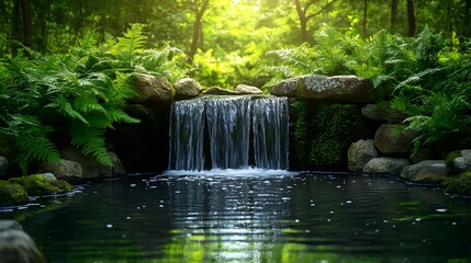 A cascading waterfall framed by towering ferns and moss-covered rocks, pouring into a clear, reflective pool under the dappled light of the forest canopy