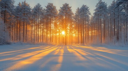 Sunbeams Through Winter Forest