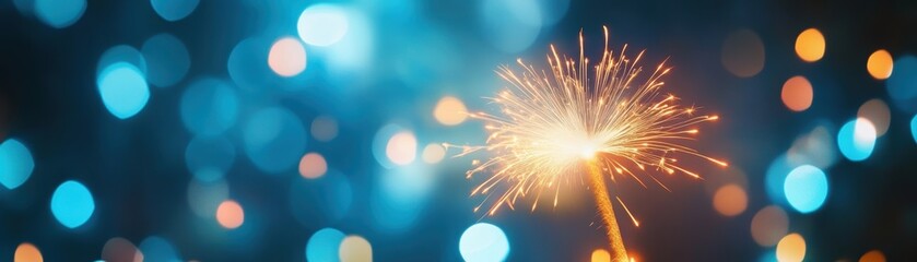 Fototapeta premium A vibrant sparkler glowing in a dark background full of colorful bokeh lights, perfect for celebrations and festive occasions.