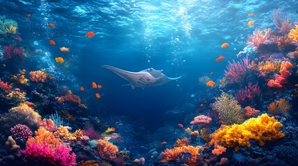 Fototapeta premium A dynamic underwater coral reef scene with colorful coral formations, darting fish, and a giant manta ray gliding by, Realistic, Digital painting, bright hues, detailed marine environment