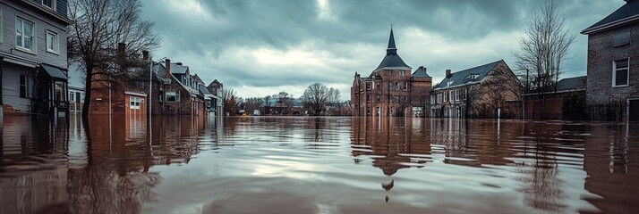 flood natural disaster concept with water flooding into town putting it underwater