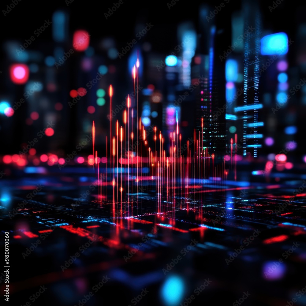 Poster abstract digital landscape with vibrant lights and data patterns, representing technology and innova