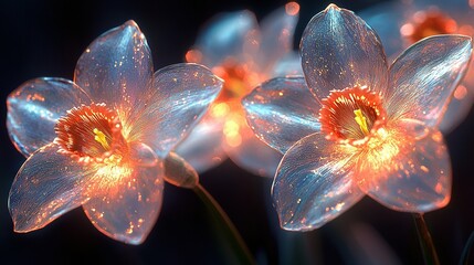   Close-up of blooming flowers with illuminated centers surrounded by a fuzzy backdrop
