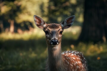 Fototapeta premium Closeup portrait of a young fawn in a forest with blurred background.