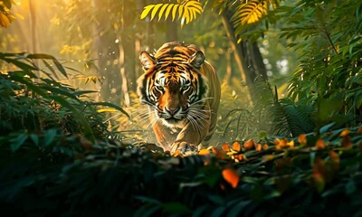Fierce tiger stalking its prey through the dense forest, Video
