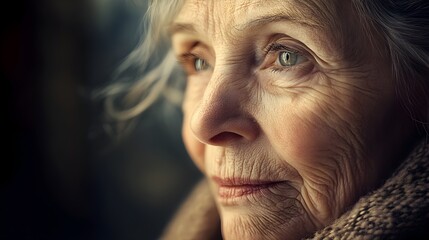 Obraz premium A close-up of an elderly woman with silver hair, her face lined with deep wrinkles, soft sunlight illuminating her gentle expression, Photography, Sepia tones, high contrast, intimate and emotional