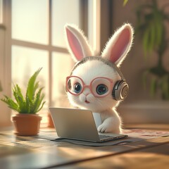 3D bunny guy with spectacles working in an office