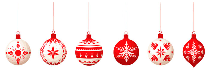 Red and white illustration of Christmas ball ornaments hanging