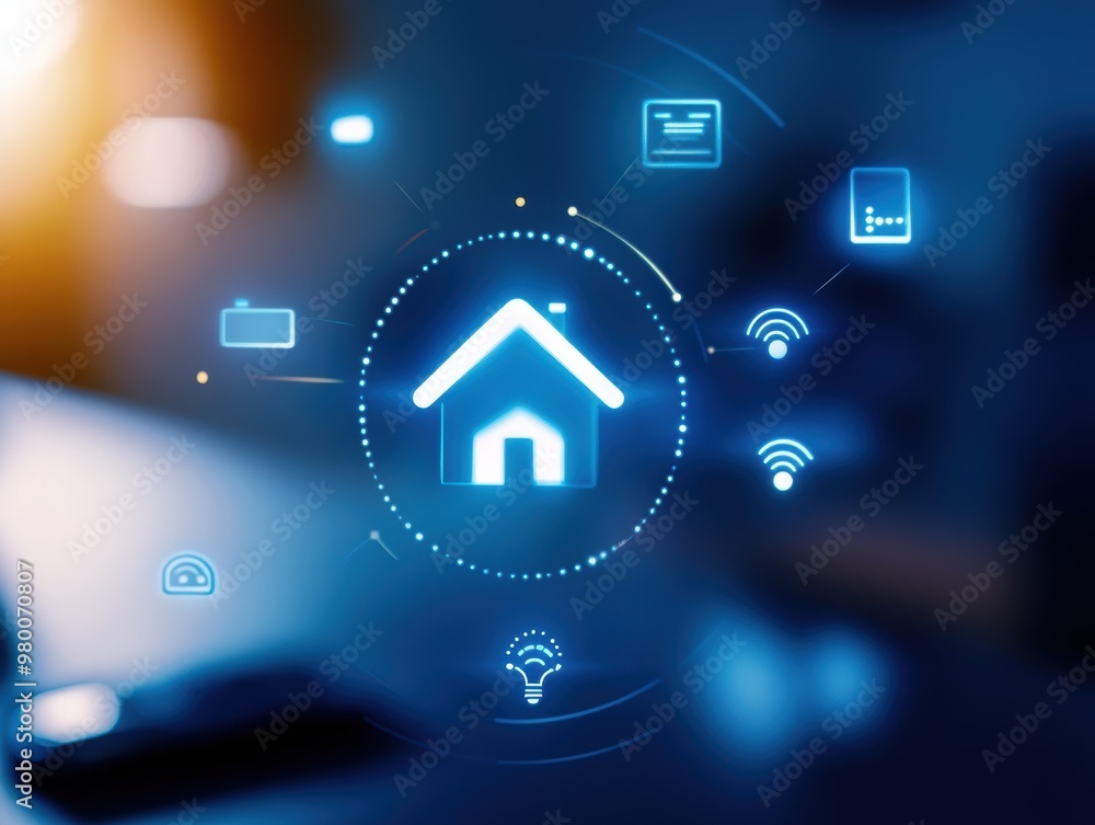 Poster innovative smart home technology interface displaying digital icons for connectivity and automation 