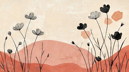 Naklejka premium Painting of red-beige background with black-white flowers