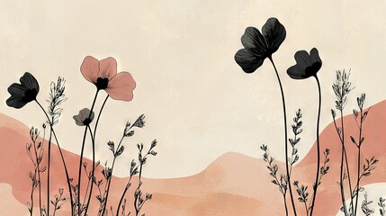 Naklejka premium Black and Pink Flowers on Beige Background with Hills and Grass