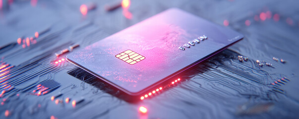 Modern credit card with a chip on a glowing surface, representing digital finance and secure payments.