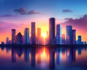 Obraz premium Stunning urban skyline at sunset, reflecting on water with vibrant colors and modern architecture, creating a serene cityscape view.