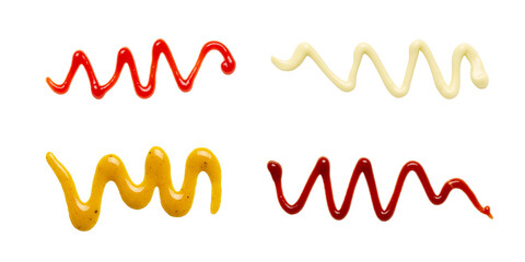 Lines of ketchup, mayonnaise, mustard, and barbecue sauce on transparent background. 