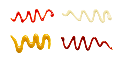 Lines of ketchup, mayonnaise, mustard, and barbecue sauce on transparent background. 