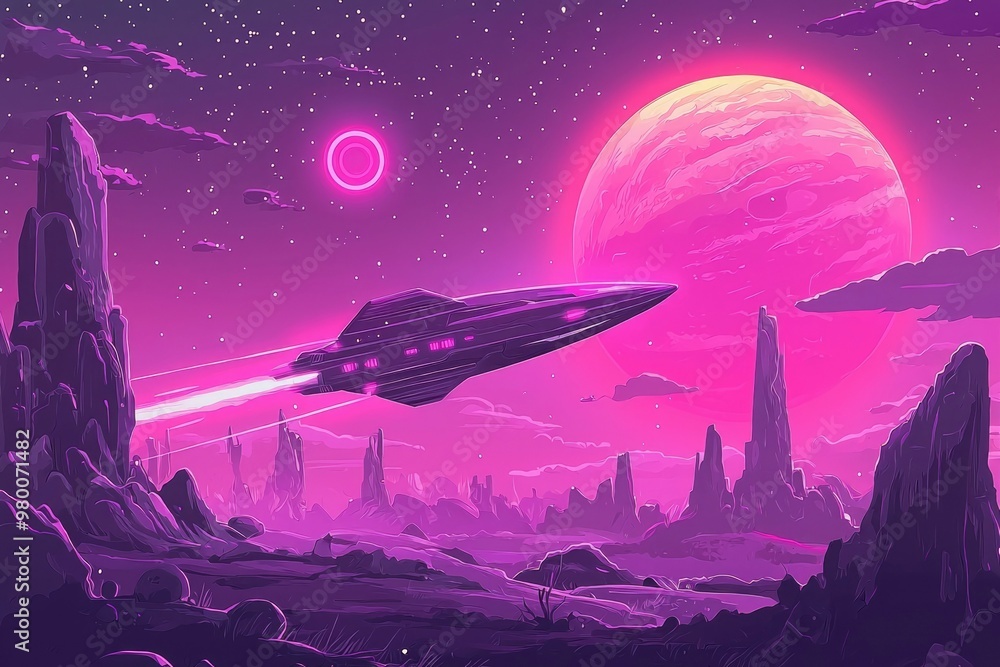 Wall mural Spaceship Flying Over a Purple Alien Landscape with Two Planets in the Sky