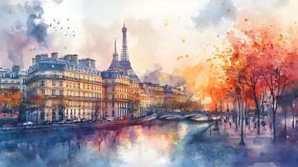 A stunning watercolor cityscape postcard showcasing vivid urban scenes