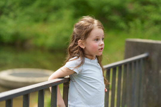 Little preschool girl in a T-shirt leaning on a railing near a pond in a summer park. Concept of children's fun outdoors