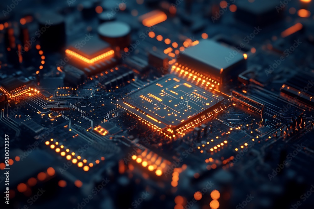 Poster close up of glowing cpu processor on motherboard, technology, computing power, digital innovation co