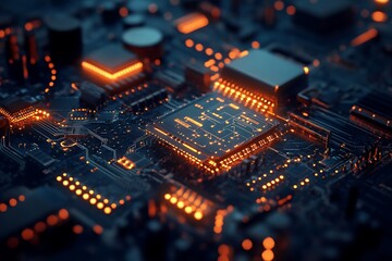 Obraz premium Close up of glowing CPU processor on motherboard, technology, computing power, digital innovation concept