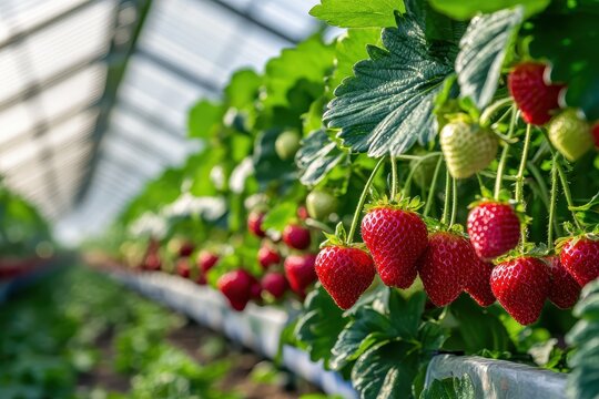Juicy ripe and unripe strawberries growing in a greenhouse on a farm